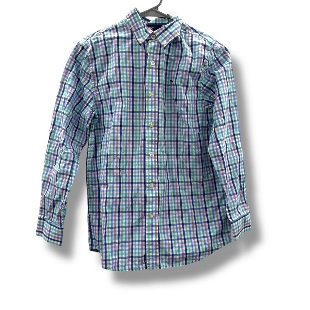 Vineyard Vines Shirt Boys Size‎ Medium Cotton Plaid Long Sleeve Whale Logo Top